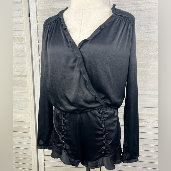 GUESS Scarlett Romper Long Sleeve Ruffle/Wrap Front Ruffle Hem Black-XS - Picture 2 of 4